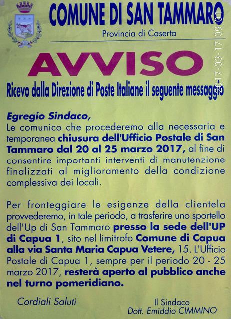AVVISO ALLA CITTADINANZA - CHIUSURA UFFICIO POSTALE DI SAN TAMMARO DAL 20 AL 25 MARZO (avviso.jpg)